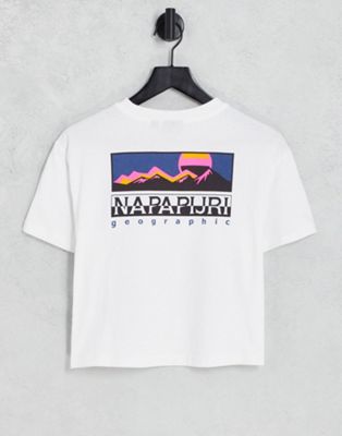 Napapijri mountain back print crop t-shirt in white