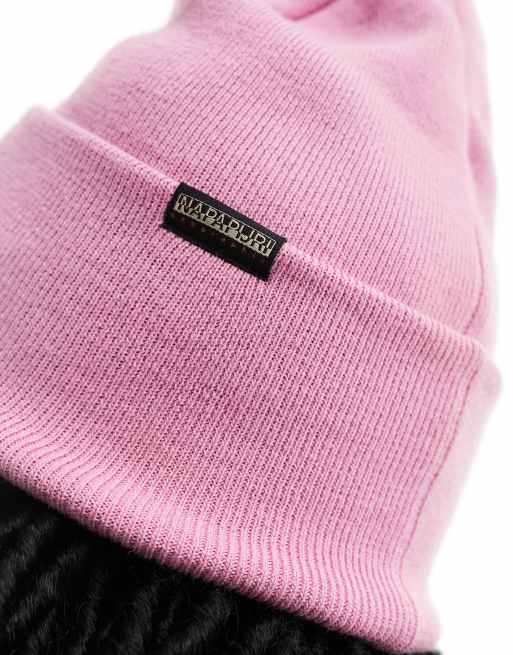 Napapijri Mountain patch logo rib knit beanie in pink, 3 of 4