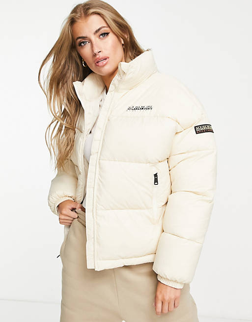 Napapijri – Ocieplana kurtka w kolorze złamanej bieli z logo w ramce