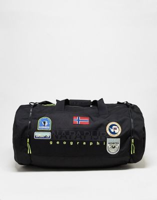 Napapijri Ohrid barrel bag with embroidered patches in black
