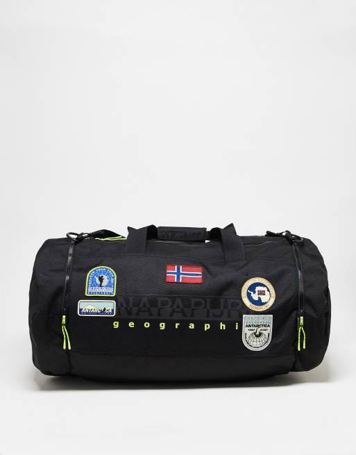 Napapijri Ohrid barrel bag with embroidered patches in black