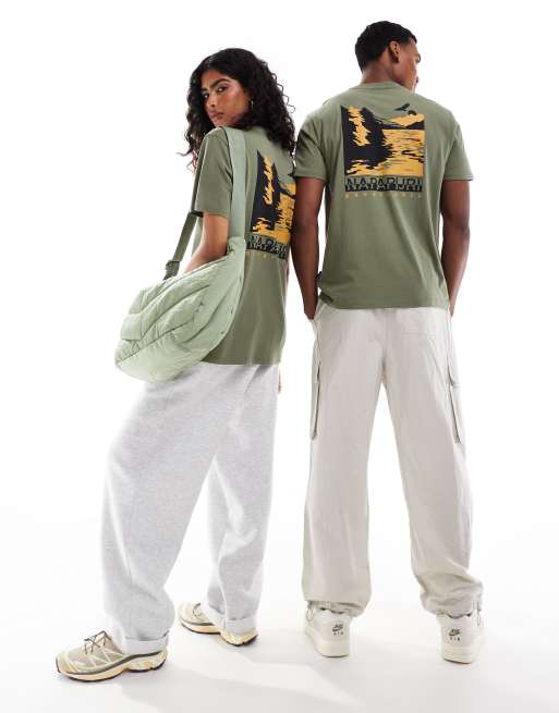 Napapijri Pali landscape back print t-shirt in light khaki, 2 of 4