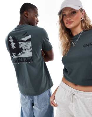 Napapijri - Pali - T-Shirt in hellem Khaki mit Landschafts-Rückenprint-Grün