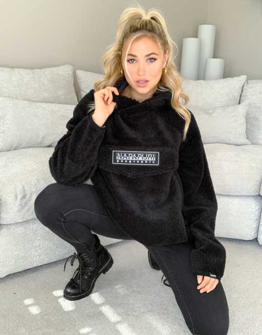 Napapijri Patch Curly teddy fleece hoodie in black