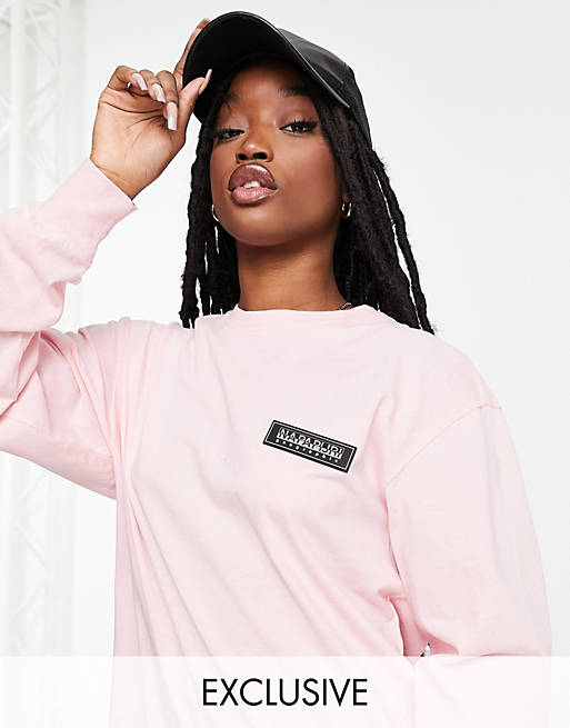 Napapijri Patch long sleeve t-shirt in baby pink Exclusive at ASOS