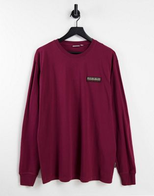 Napapijri Patch long sleeve t-shirt in burgundy Exclsuive at ASOS