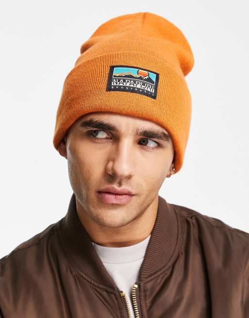 Napapijri – Pomarańczowa czapka beanie z naszywką z logo