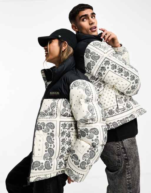 Napapijri puffer jacket in white paisley bandana print