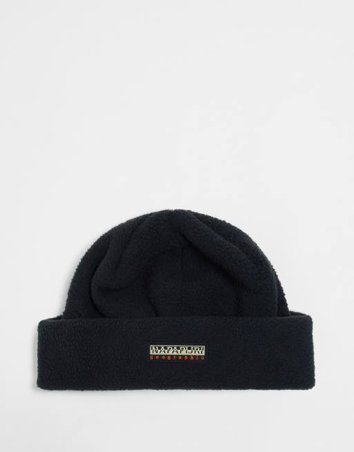 Napapijri Rock logo patch fleece beanie in black