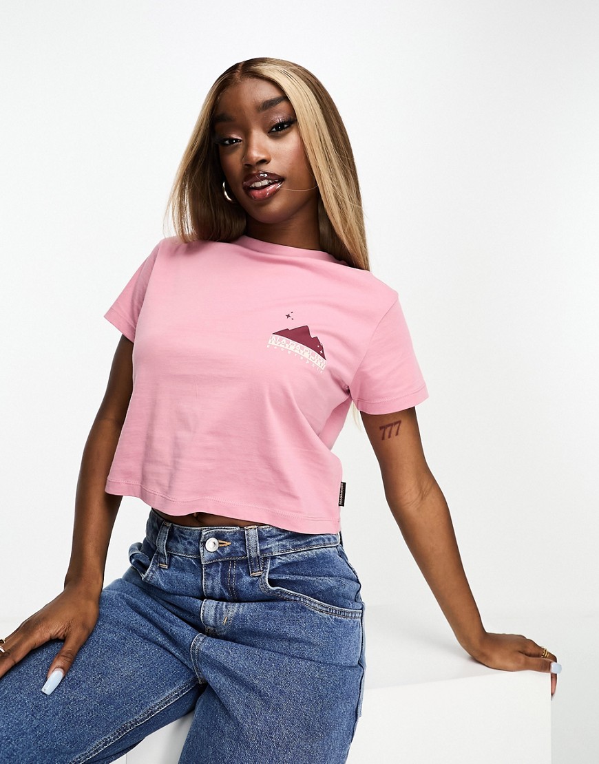 Napapijri Rope cropped chest print tight fit t-shirt in pink