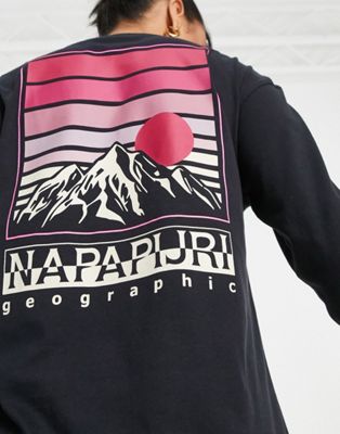 Napapijri s-chalk mountain back print long sleeve t-shirt in black