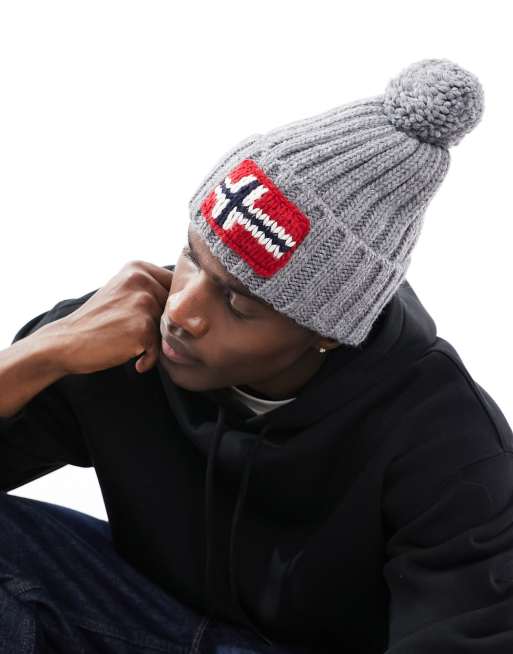 Napapijri – Semiury – Szara czapka beanie z pomponem i flagą