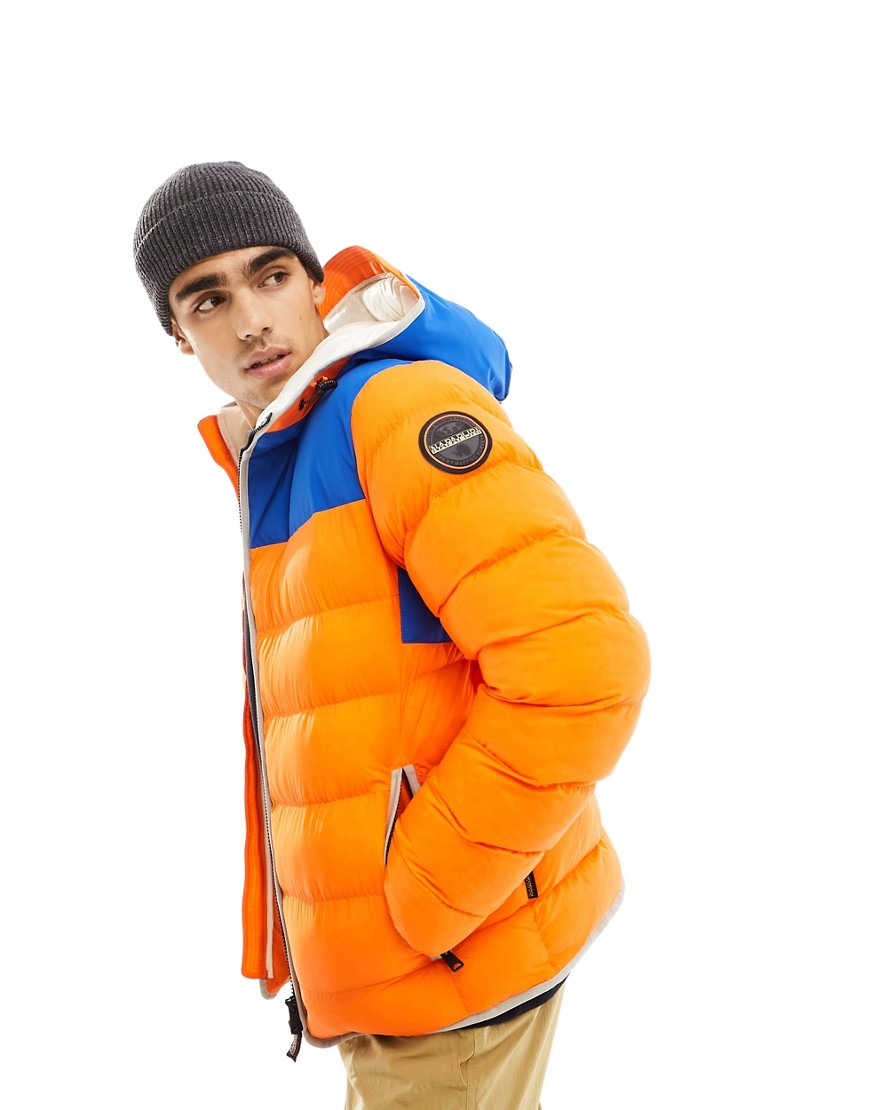 Napapijri Shackleton hooded insulated puffer jacket in red and blue