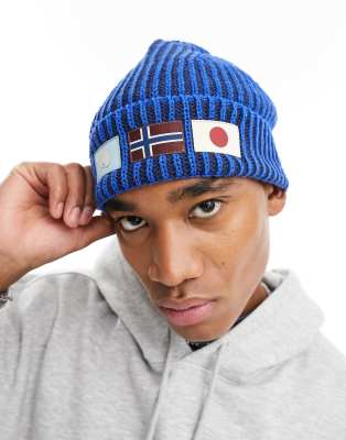Napapijri Sham beanie with logo patches in blue - ASOS Price Checker