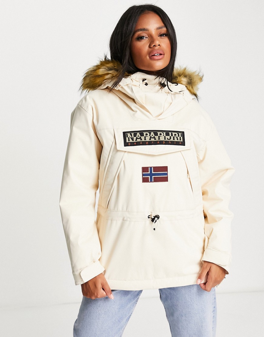 Napapijri Skidoo Jacket In Off White With Faux Fur Hood