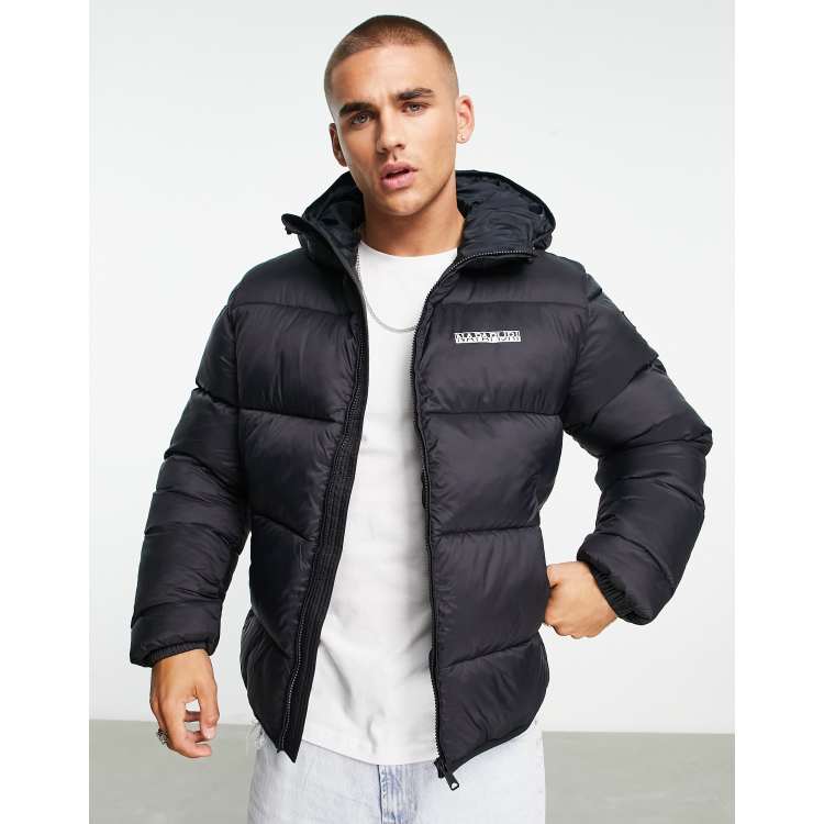 Napapijri Suomi hooded puffer jacket in black | ASOS