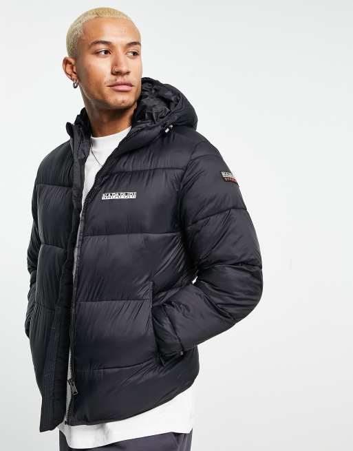 Napapijri Suomi puffer hooded jacket in black | ASOS