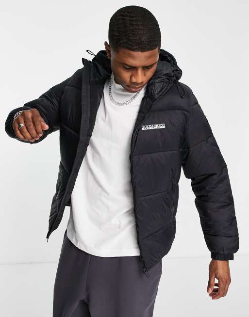 Napapijri Suomi puffer hooded jacket in black | ASOS