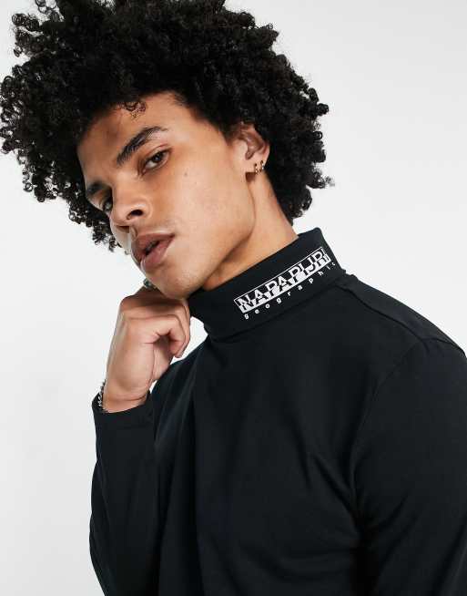 Napapijri – Svart t-shirt med hög krage, långa ärmar och boxlogga