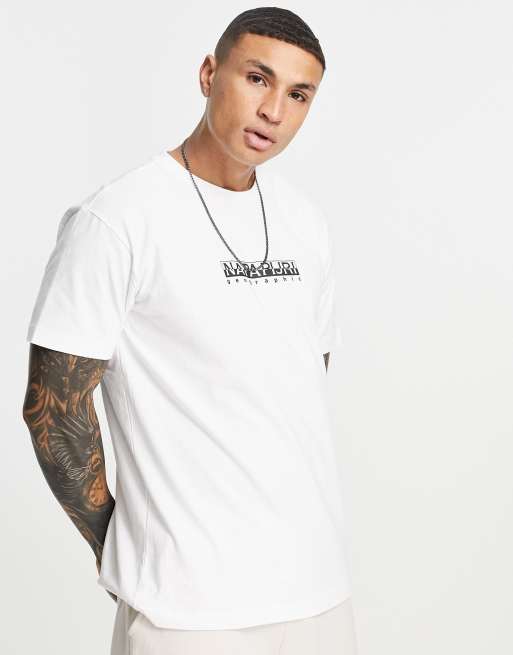 Napapijri – T-Shirt mit kastenförmigem Logo in Weiß