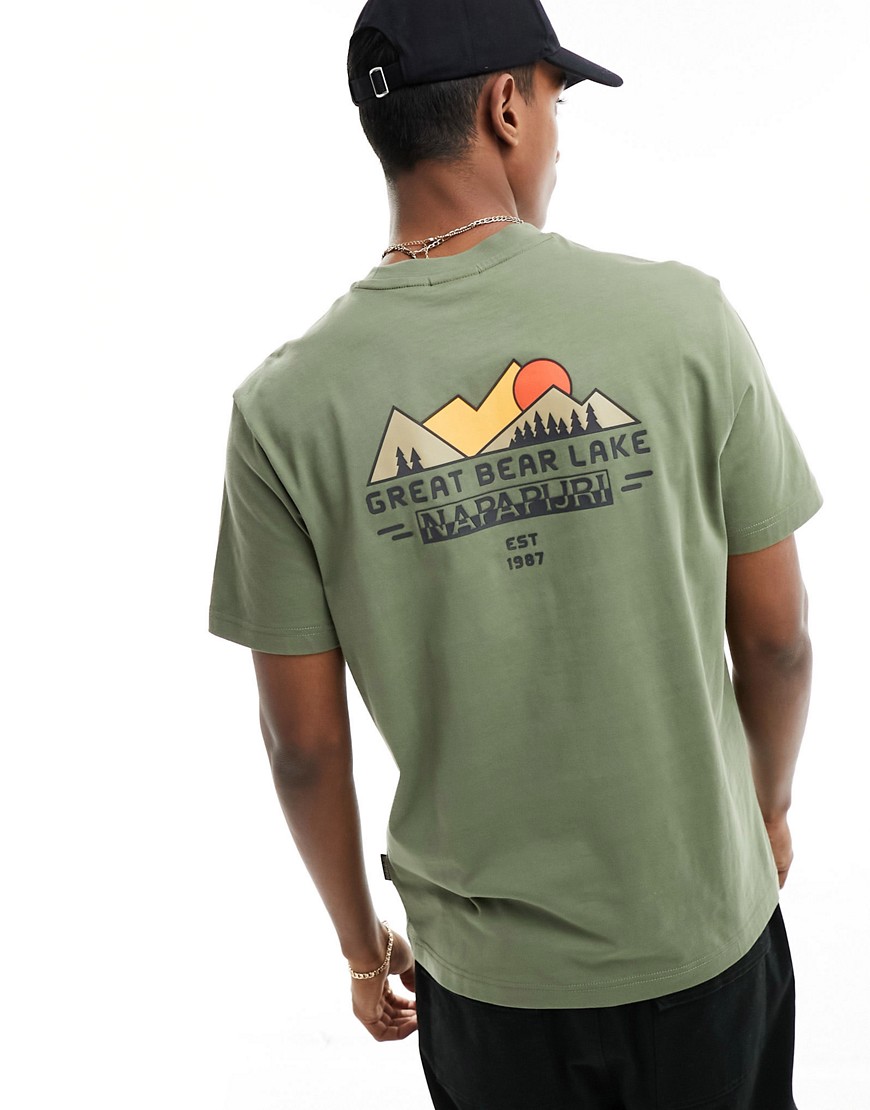 Napapijri Tahi backprint graphic t-shirt in khaki-Green