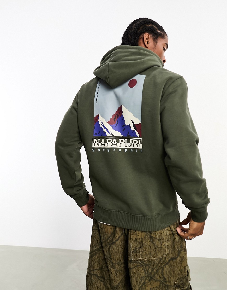 Napapijri Telemark back print fleece hoodie in khaki-Green