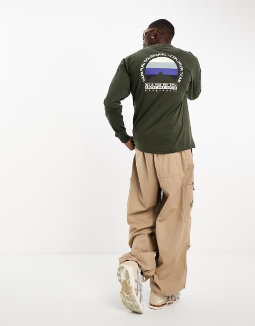 Napapijri - Telemark - T-shirt met lange mouwen en print op de achterkant in kaki