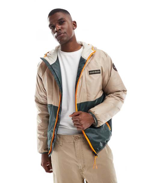 Napapijri Thur logo windbreaker jacket in beige and green - view 1