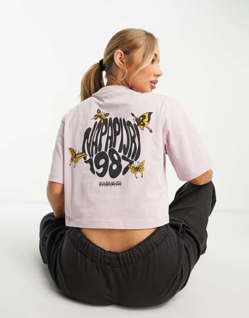 Napapijri Veny cropped back print t Korallf rgad t shirt med