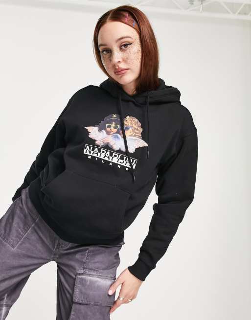 Napapijri x Fiorucci - Sort hættetrøje med print på ryggen