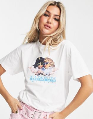 Napapijri x fiorucci t-shirt with angel print in white with back print