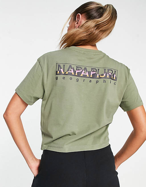 Napapijri – Zielony krótki T-shirt z nadrukiem logo w ramce na plecach