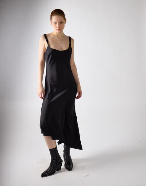 Narrated Asymmetric bias cut midi dress in black satin
