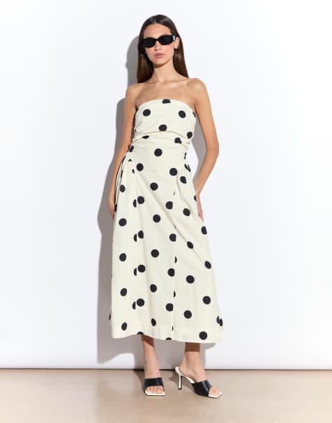 Narrated Bandeau dropped waist midi dress in cream spot