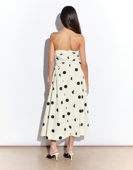 Narrated Bandeau dropped waist midi dress in cream spot, 3 of 4