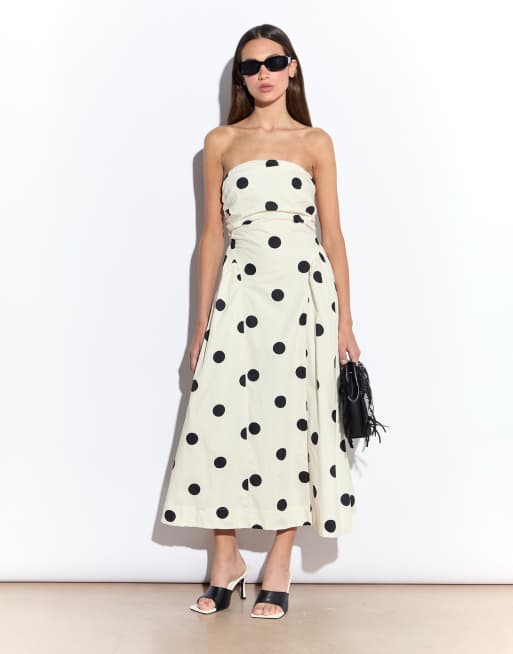 Narrated Bandeau dropped waist midi dress in cream spot, 4 of 4