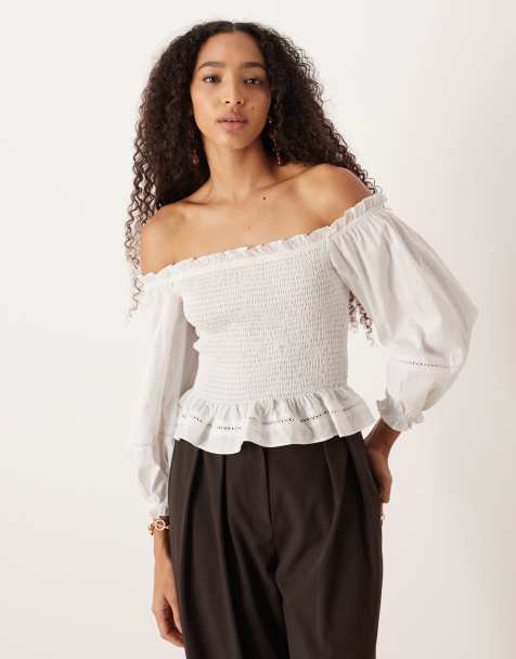 Narrated Bardot shirred top in off white