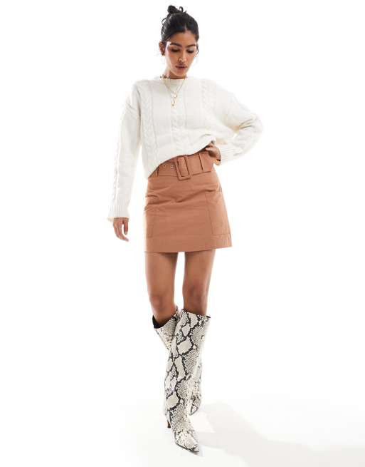 Narrated Belted mini skirt in sandstone