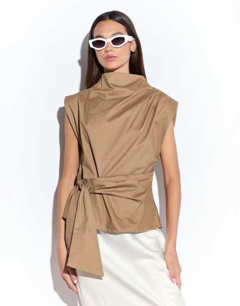 Narrated Belted tie waist top in tan - view 1