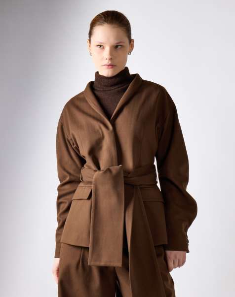 Narrated Belted wrap jacket in khaki brown - view 1