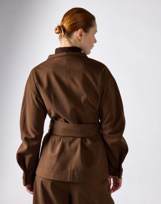 Narrated Belted wrap jacket in khaki brown, 2 of 4