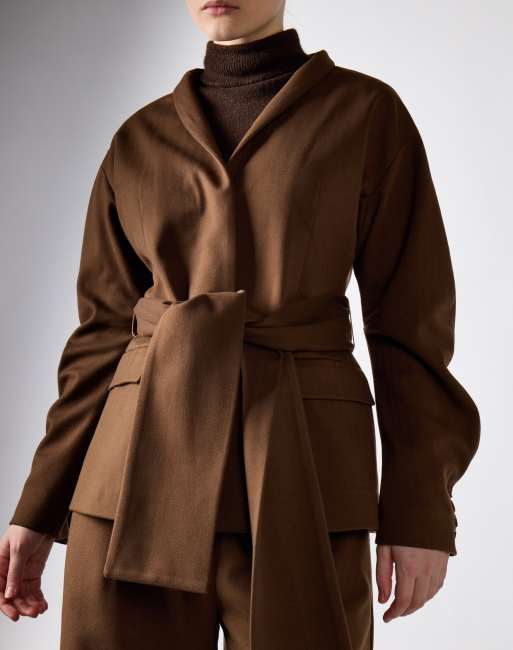 Narrated Belted wrap jacket in khaki brown, 3 of 4