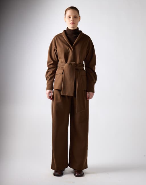 Narrated Belted wrap jacket in khaki brown, 4 of 4