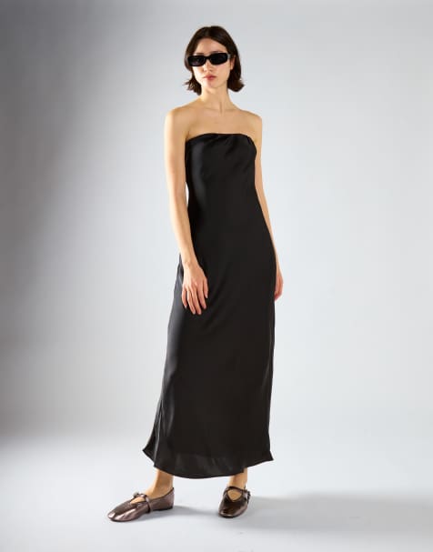 Narrated Bias-cut strapless midaxi-dress in black satin - view 1