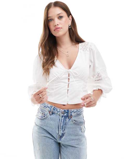 Narrated Broderie Panelled Blouse in Off White - view 1