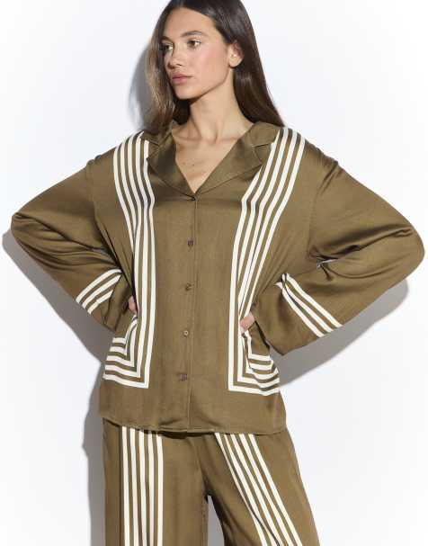 Narrated Button front long sleeve shirt in olive cream stripe - view 1