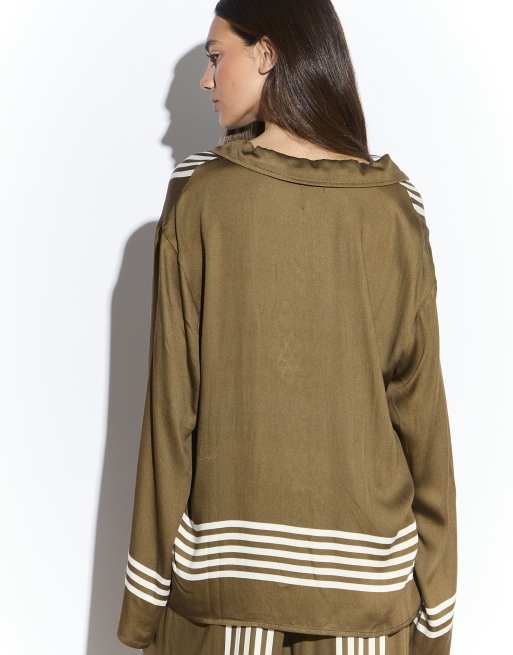 Narrated Button front long sleeve shirt in olive cream stripe, 2 of 4