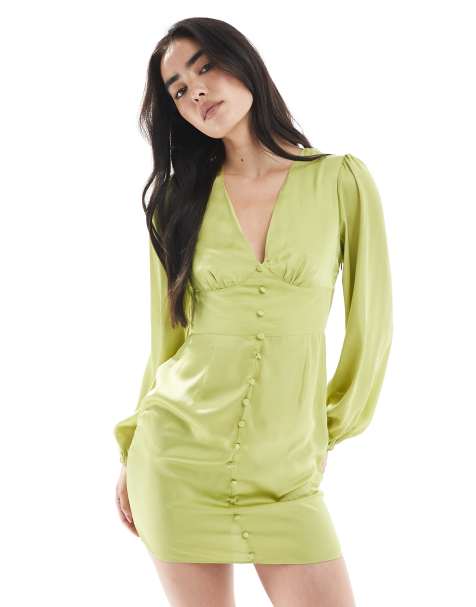 Narrated Button front mini dress in olive green - view 1