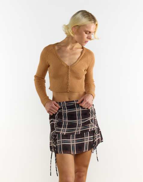 Narrated Button up ribbed cardigan in tan - view 1