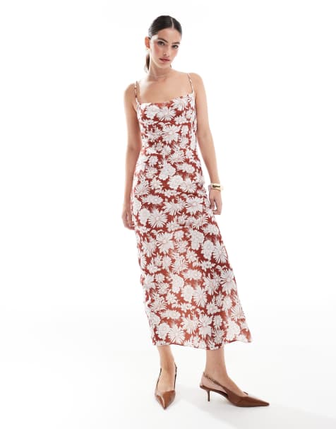 Narrated Cowl-neck strappy midi-dress in brown resot floral - view 1